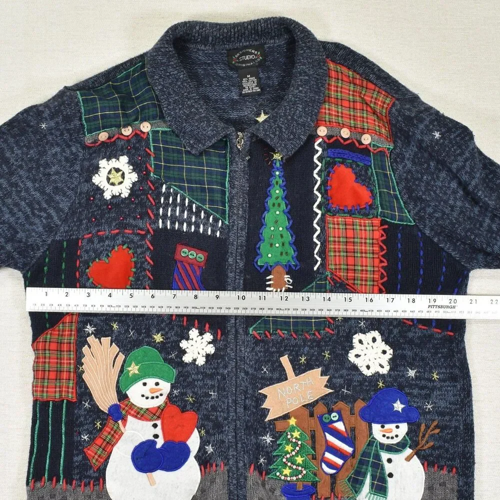 Vintage Ugly Christmas Sweater Cardigan Full Zip Snowman Patchwork Medium